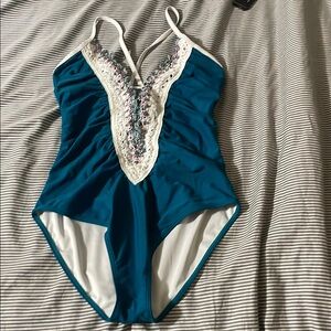 Teal One-Piece Swimsuit with White Accents